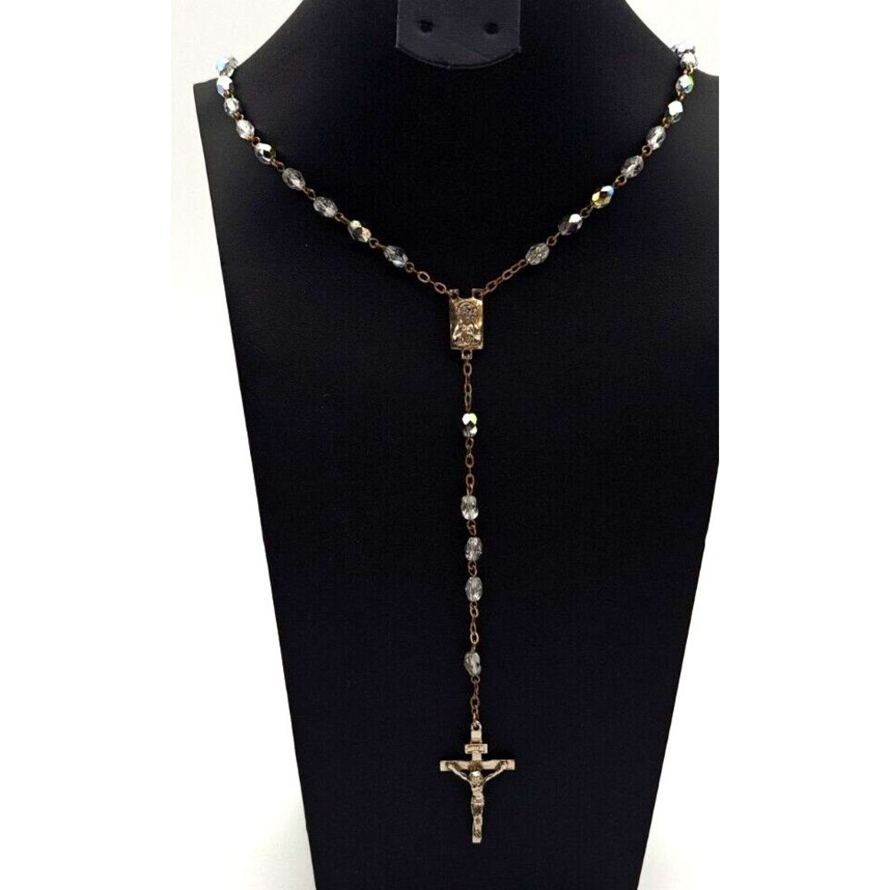 Vtg Rosary Necklace Catholic Aurora Borealis Silvertone Crucifix 28"